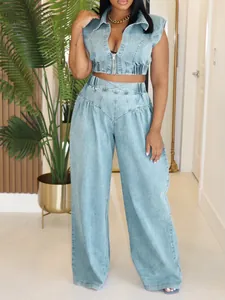 Sexy sleeveless denim two-piece set with cropped vest and wide-leg pants for summer