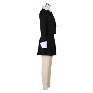 Side view of black blazer and pleated skirt set on mannequin with white collar