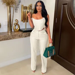 Elegant white crocodile skin pattern PU two-piece set with strapless corset top and pants