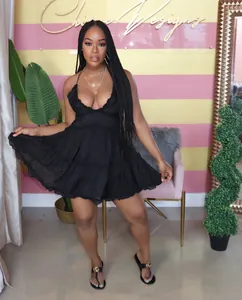 Sexy sleeveless backless black babydoll mini dress for women with ruffled hem detail