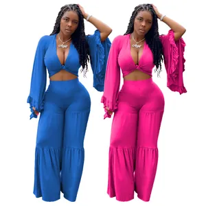 Women Sexy Long Sleeve V Neck Crop Top And High Waist Wide Leg Flare Pants Patchwork Top And Bottom Autumn Casual Outfit