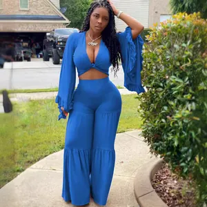 Sexy blue two-piece set with long ruffle sleeve crop top and wide-leg flared pants