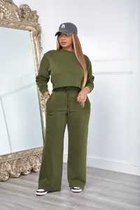 Detail shot of two-piece olive green cropped sweatshirt and wide-leg sweatpants set