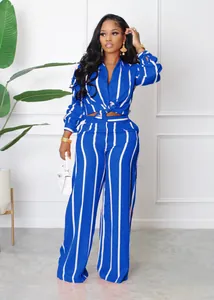 Full view of women's blue and white striped shirt and wide-leg pants fashion set