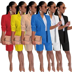 Traje de Chaqueta y Pantalón Corto Elegante para Mujer Oficina Color Sólido Lunares Solapa Manga Larga Top And Bottom Verano