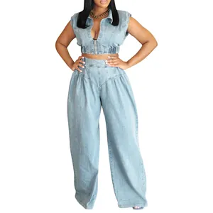 Women Casual Denim Style Sleeveless Zipper Top And High Waist Wide Leg Pants Set Light Blue Polyester Streetwear Two Piece Set