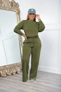 Detailed view of women's two-piece olive green lounge set with sweatshirt and pants