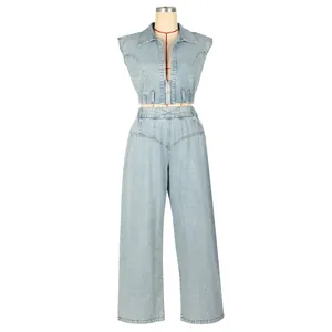 Front view of stylish sleeveless denim crop top and wide-leg trousers set on a mannequin