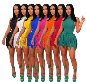 Detail view showing all eight available solid colors of the fringed two-piece summer set