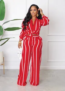 Elegant red and white vertical striped two-piece shirt and wide-leg pant set for women
