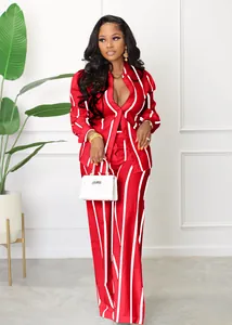 Red and white striped two-piece set with long sleeve shirt and wide leg trousers