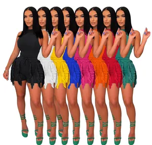 Various colors of women sleeveless top and fringe shorts two-piece summer outfit set