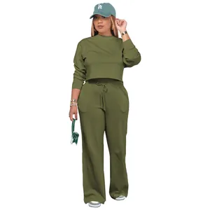 Olive green two-piece cropped sweatshirt and matching wide-leg drawstring sweatpants set