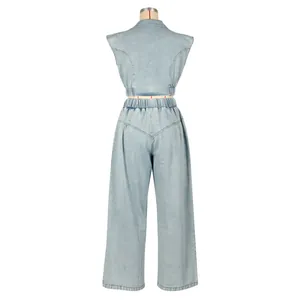 Back view of light blue sleeveless denim vest and wide-leg trousers two-piece set