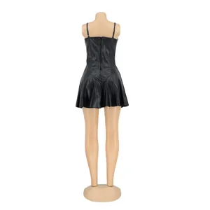 Back view of sexy black PU leather mini dress with spaghetti straps on mannequin