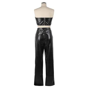 Back view detail of black crocodile embossed faux leather tube top and trousers set
