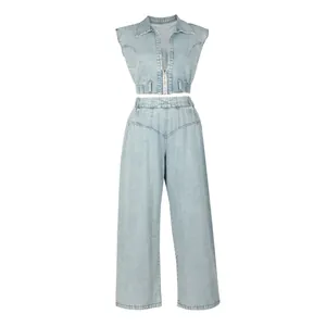 Front view of light blue two-piece denim set with sleeveless vest and wide leg trousers