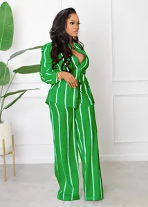 Stylish green and white vertical striped long sleeve shirt and wide leg trousers two-piece set