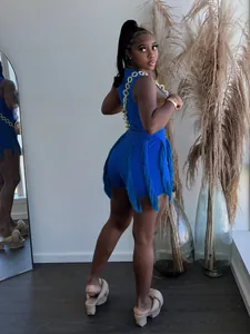 Stylish blue fringe two-piece set featuring a sleeveless top and shorts for summer