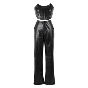 Sexy black faux leather two-piece set featuring crocodile embossed tube top and pants