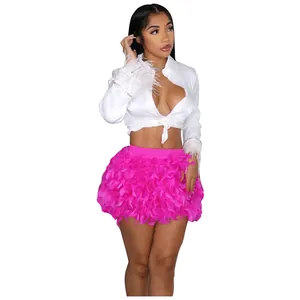Sexy white crop shirt with feather cuffs and pink turkey feather mini skirt set