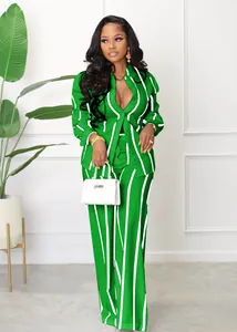 Chic green and white striped two-piece shirt and wide-leg pants set for women