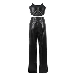 Detailed back view of black crocodile pattern faux leather bustier and pants set