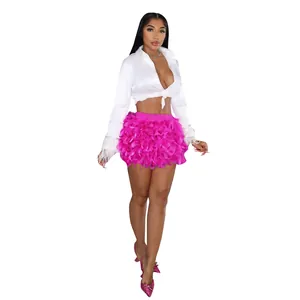 Sexy white long sleeve crop top with pink turkey feather mini skirt for party wear