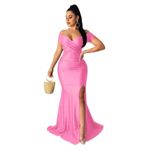 Robe de soirée rose élégante à épaules dénudées avec col en V et fente latérale très sexy