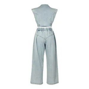 Rear view of light blue two-piece denim set with sleeveless crop top and wide pants