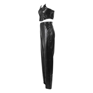Side profile of black crocodile-embossed PU leather tube top and pants two-piece set.