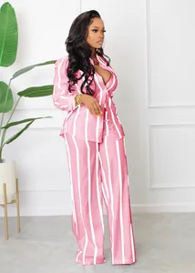 Elegant two-piece pink and white vertical striped shirt and wide-leg trousers set