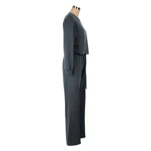 Side view of a dark grey women's thickened sweatshirt and wide-leg pants lounge set.