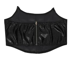 Detailed back view of a sexy black PU crocodile embossed corset top with silver zipper