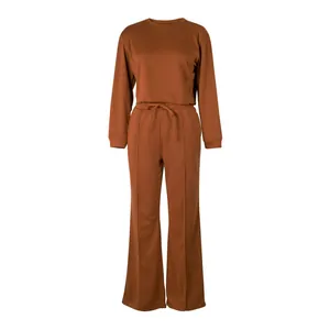 Two-piece autumn winter women's lounge set with long sleeve top and flared sweatpants