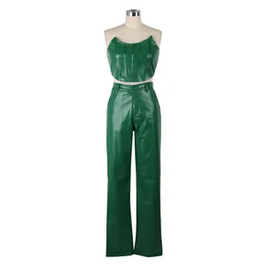 Sexy dark green crocodile texture PU leather two-piece set featuring crop top and trousers