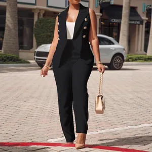 Ensemble Pantalon de Navettage Élégant en Polyester Élasthanne pour Femmes Gilet Blazer à Double Boutonnage Sans Manches et Pantalon Droit