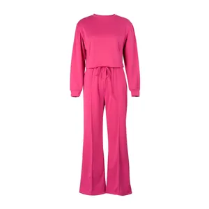 Magenta two-piece casual lounge set with long sleeve sweatshirt and wide-leg trousers