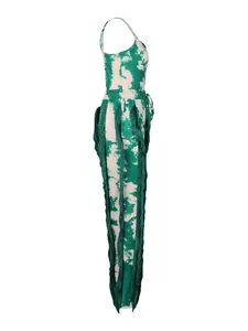 Side view of green tie-dye two-piece set with long fringe details on pants side