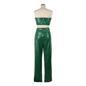 Back view of green crocodile embossed PU leather tube top and trousers set on mannequin