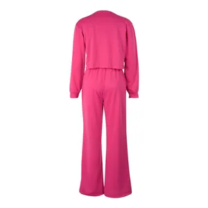 Back view of a magenta two-piece thick lounge sweatset with wide-leg pants for women.