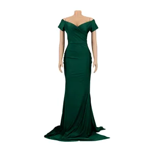 Robe de soirée sirène élégante vert foncé avec col en V et manches dénudées.