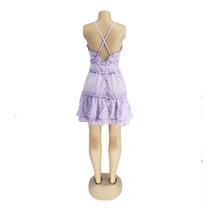Back view of a lilac sleeveless backless ruffled mini babydoll dress for summer.