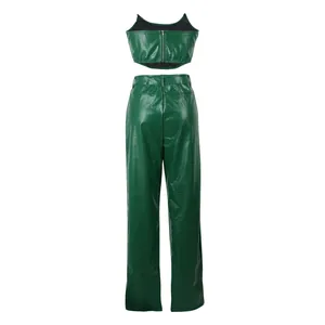 Detailed back view of green crocodile embossed faux leather tube top and wide-leg pants set
