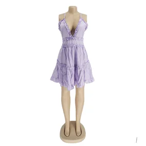 Sexy lavender sleeveless ruffle mini dress with deep V-neck and tiered skirt design.