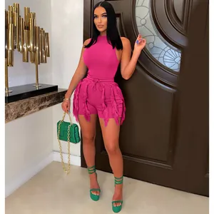 Hot pink sleeveless top and fringe shorts two-piece set for women's summer fashion
