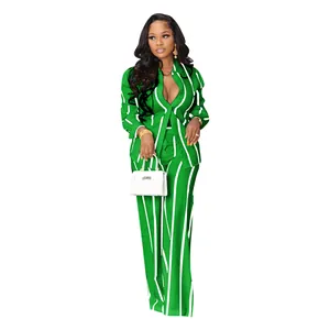 Full view of women's green and white vertical striped two-piece long sleeve shirt and pant set.