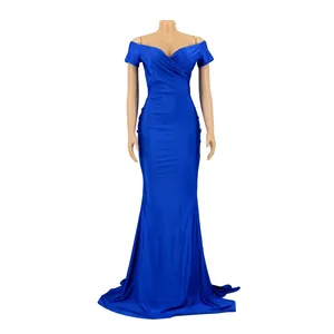 Robe de soirée sirène bleu roi sexy avec col en V et épaules dénudées à manches courtes.