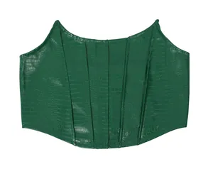 Macro view of dark green croco-embossed PU leather strapless corset top with seam detail