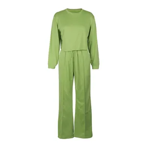 Front view of thick two-piece lime green lounge sweatshirt and wide-leg pants set